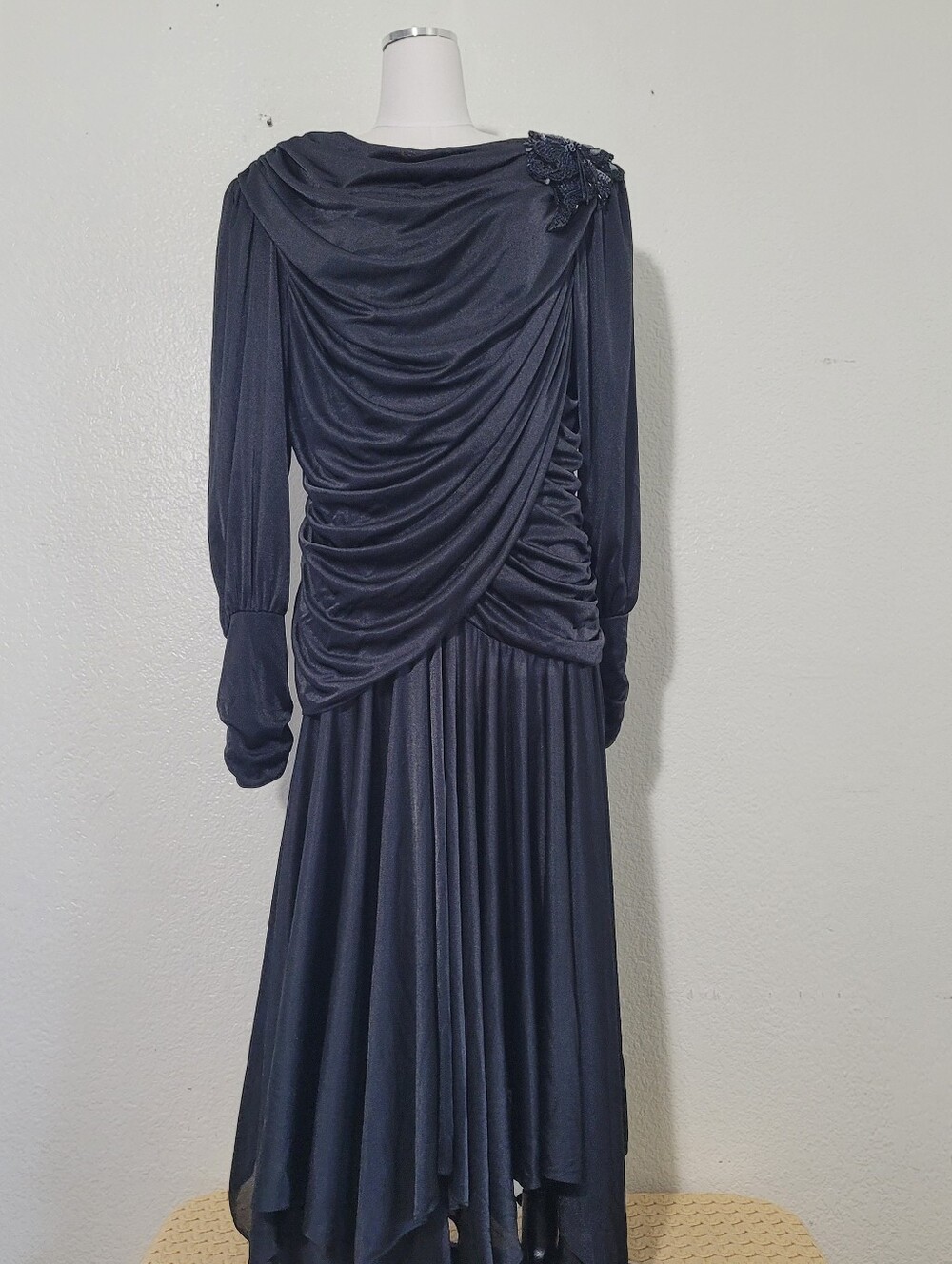 Vintage 80s Abby Kent Black Ruch Draped Sequin Cocktail Dress Hanky Hem Size 18